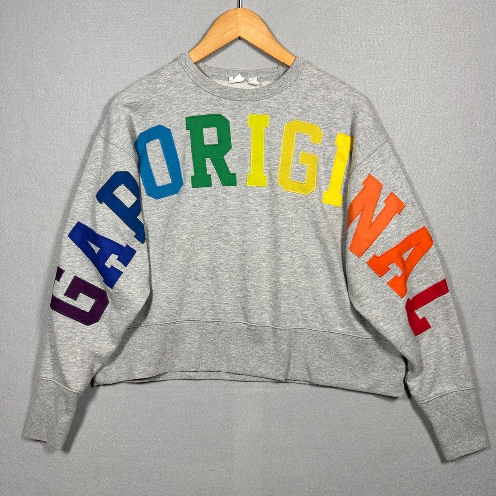 GAP Original Rainbow Logo Cropped Sweatshirt Gray Pride Pullover Womens M